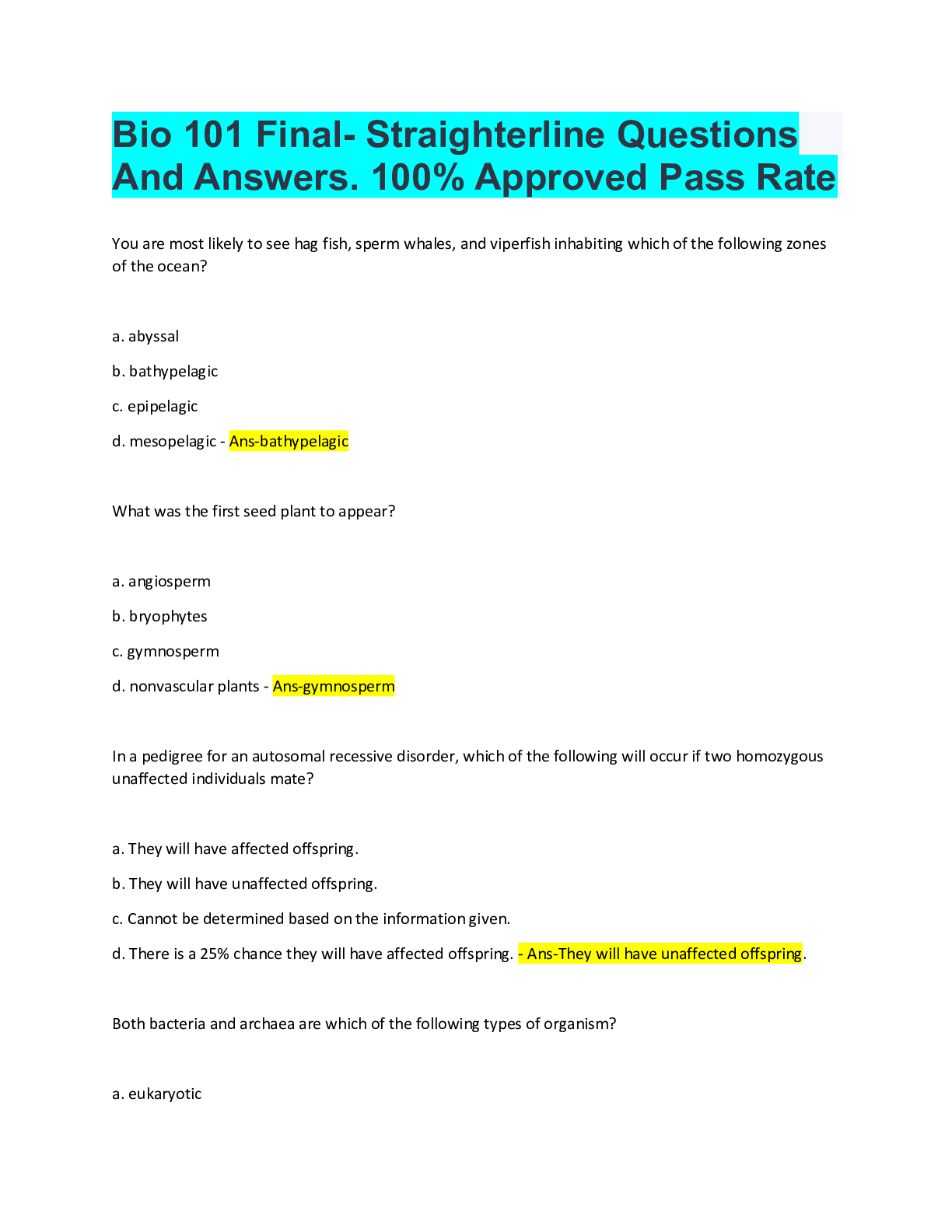 Preview of Bio 101 Final- Straighterline Questions And Answers. 100% Approved Pass Rate